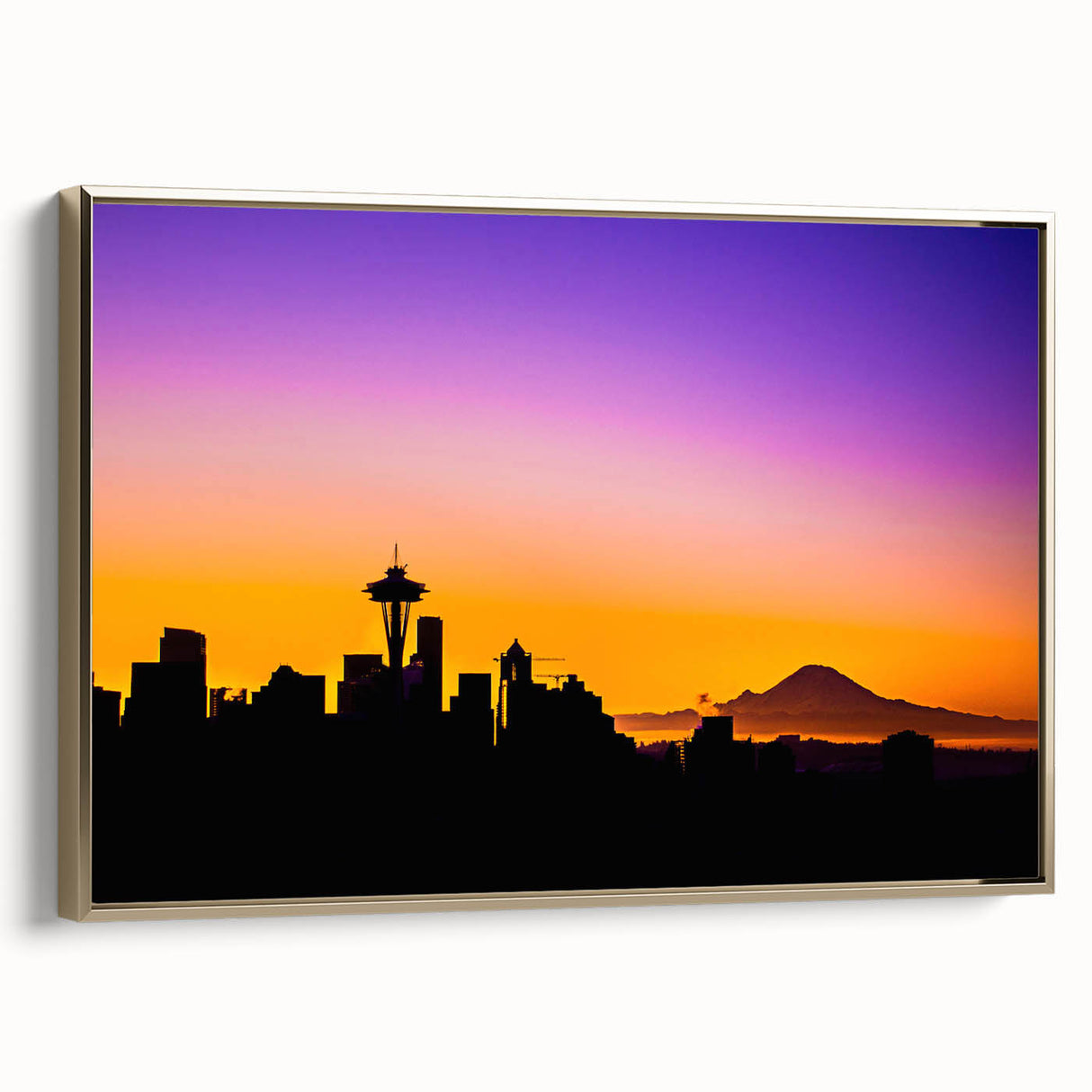 Framed canvas of Seattle skyline in black and gold tones, ideal for bedroom wall art.
