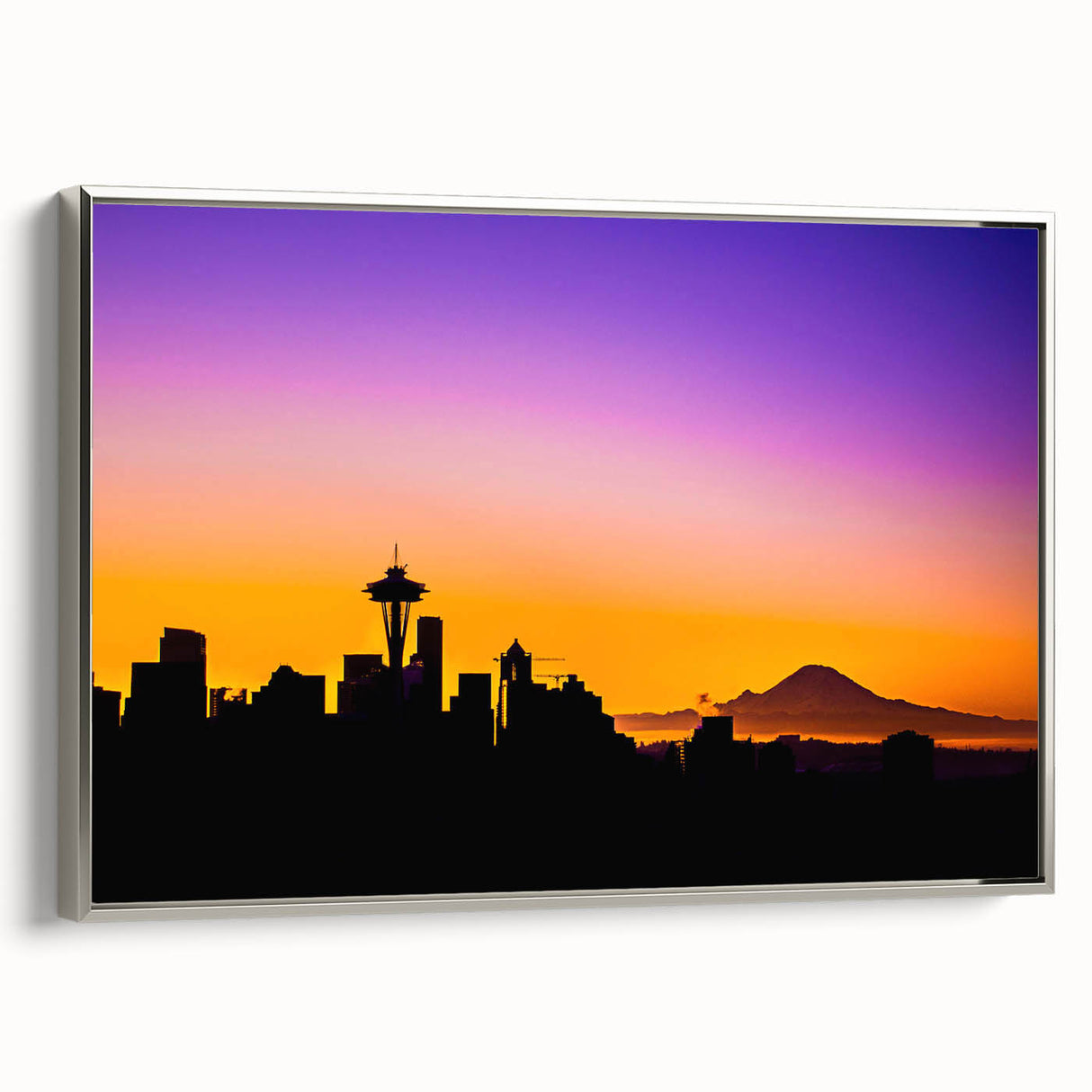 Framed canvas of a vintage Seattle landscape in black with colorful accents, ideal for office decor.