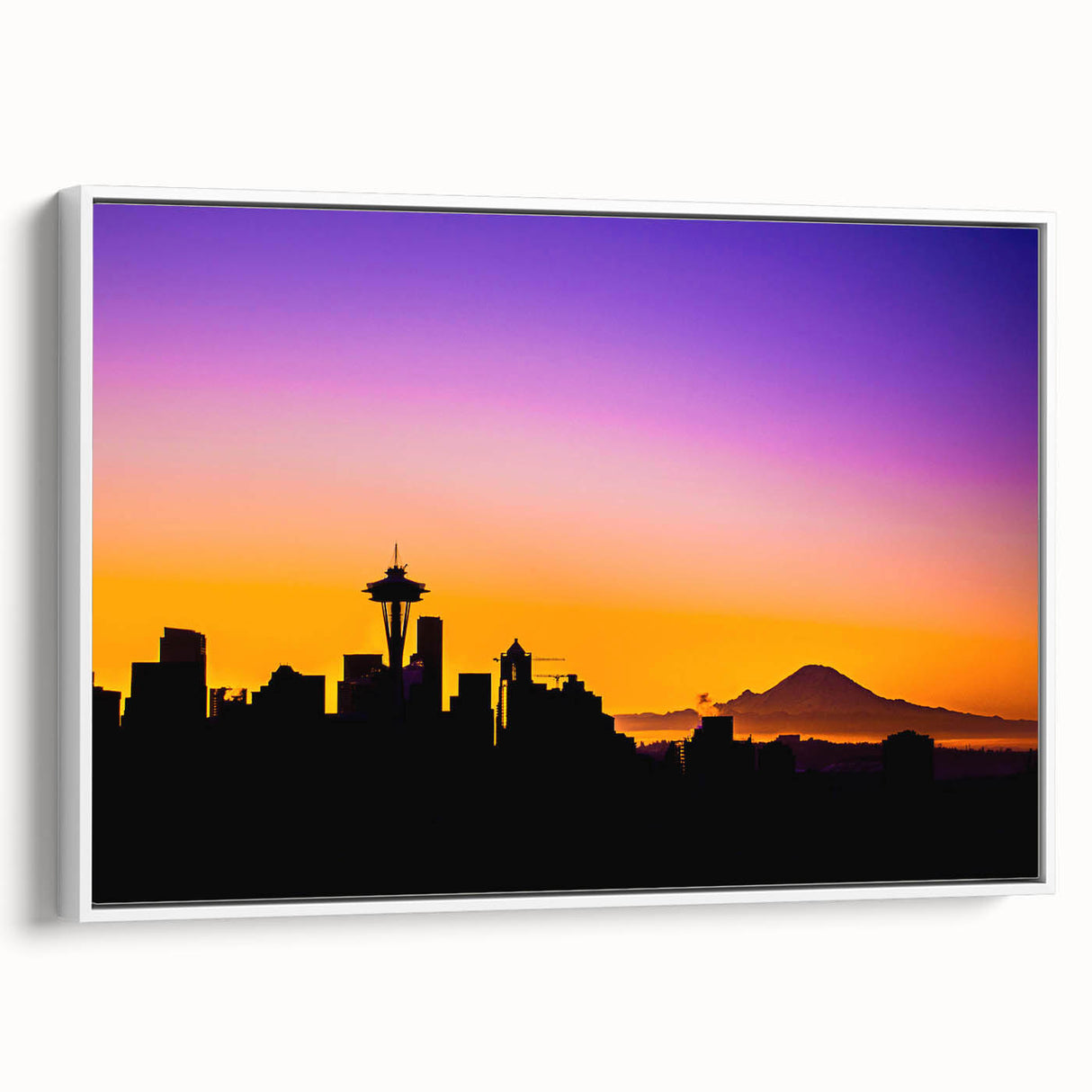 Vintage poster art of Seattle skyline in vibrant colors on a large framed canvas, ideal for living room decor.