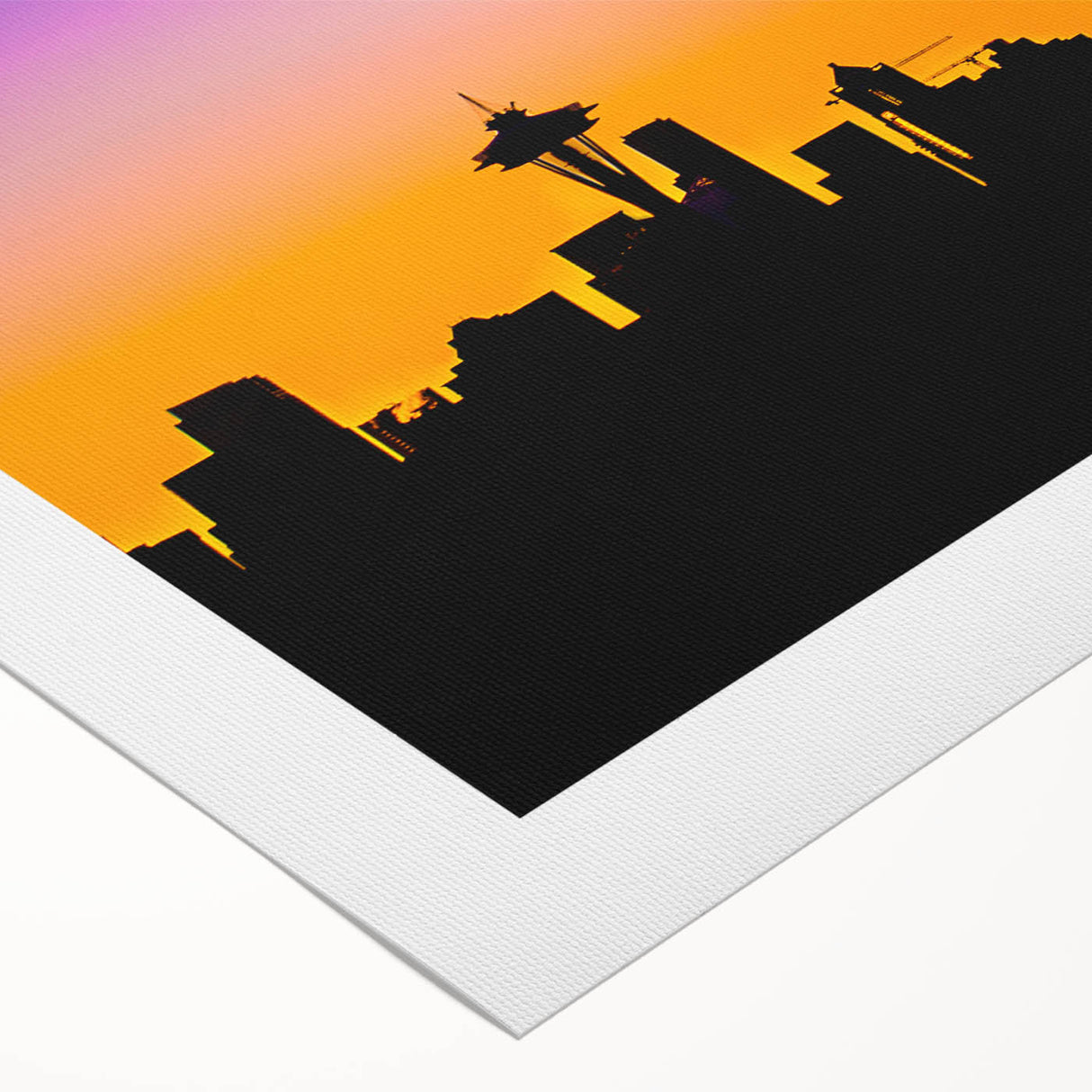 Art deco poster featuring Seattle skyline in muted gray and blue tones on rolled canvas, suitable for dining room wall art.