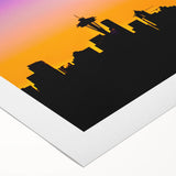 Art deco poster featuring Seattle skyline in muted gray and blue tones on rolled canvas, suitable for dining room wall art.