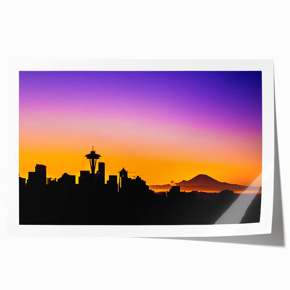 Extra large rolled print of Seattle skyline with pastel shades, ideal for art wall dining room.