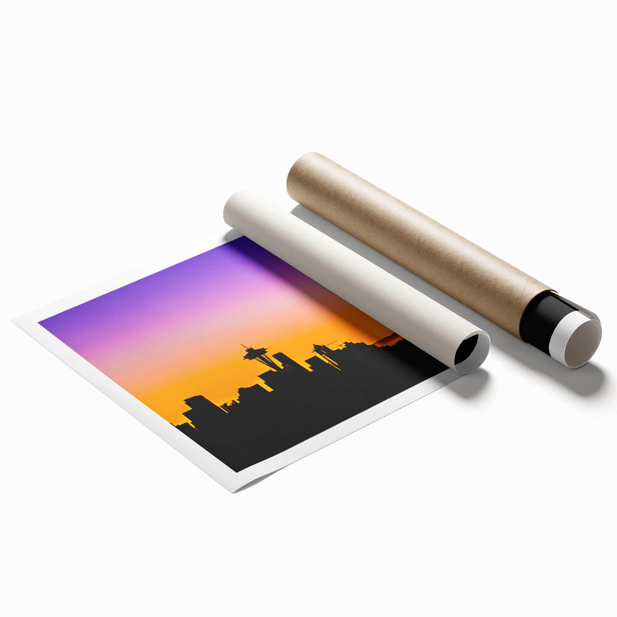 Extra large rolled print of Seattle skyline with floral accents in soft pastel colors, ideal for classy bathroom wall art.