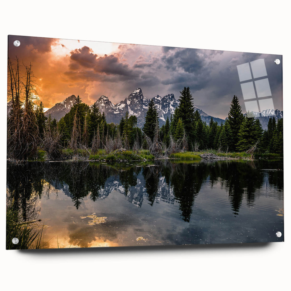 Acrylic print of the Grand Tetons in Wyoming, featuring a realistic landscape in natural colors.