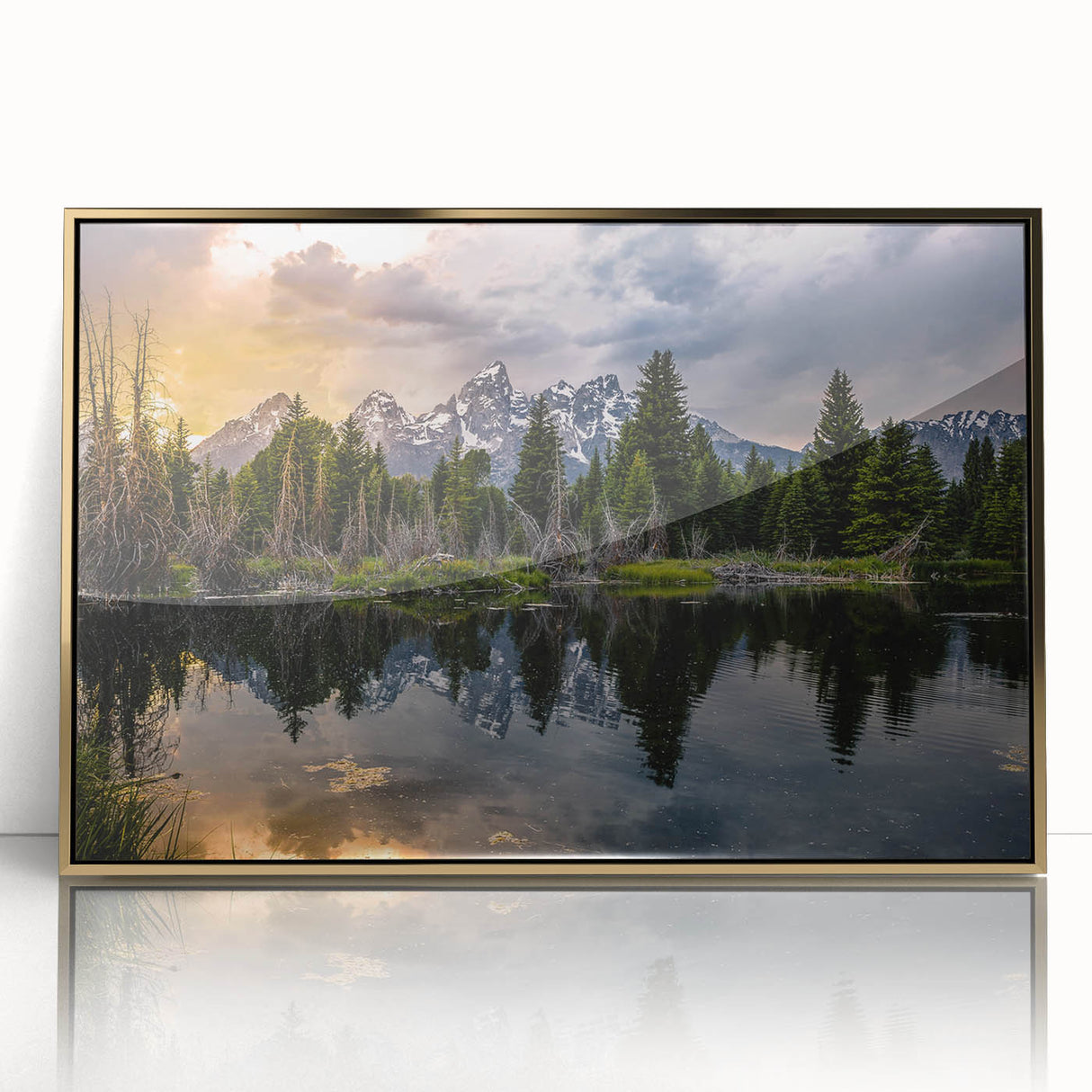 Framed acrylic print of Grand Tetons scenery in muted earth tones, ideal for modern art wall decor.