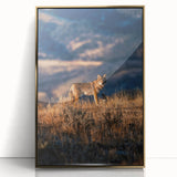 Mid-century modernist art depicting Yellowstone scenery in gold and green tones on a framed acrylic.