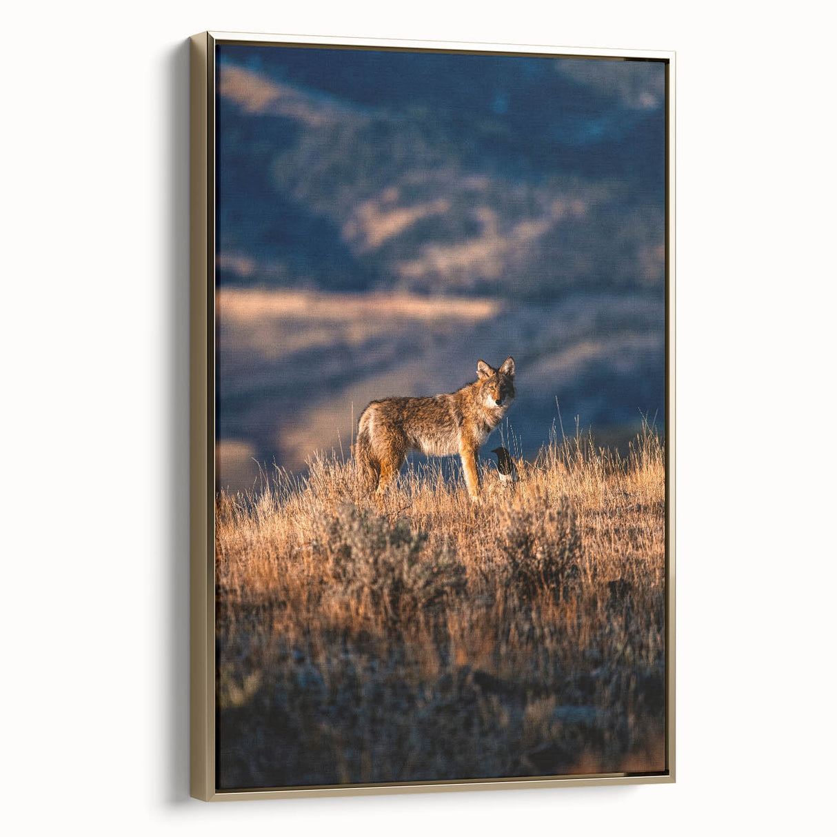 Framed canvas of Yellowstone landscape with vintage poster style in black and gold, ideal for bedroom wall art.