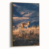 Framed canvas of Yellowstone landscape with vintage poster style in black and gold, ideal for bedroom wall art.