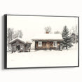Black and white landscape art painting on framed canvas depicting a winter scene, suitable for bedroom wall decor.