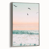 Landscape art painting featuring a vintage poster design of a colorful, abstract countryside on a silver-framed canvas.
