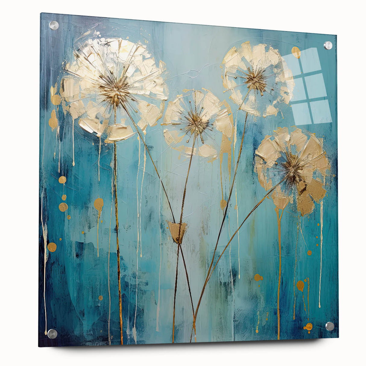 Abstract floral acrylic artwork displayed from a side view, showcasing vibrant colors and intricate designs. The piece is mounted with pins for an elegant presentation. Perfect for modern home decor enthusiasts seeking unique wall art.