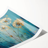 Vibrant abstract floral design print showcasing intricate patterns in shades of pink, blue, and yellow, rolled for easy shipping and display versatility. Perfect for adding a pop of color to any modern home decor.