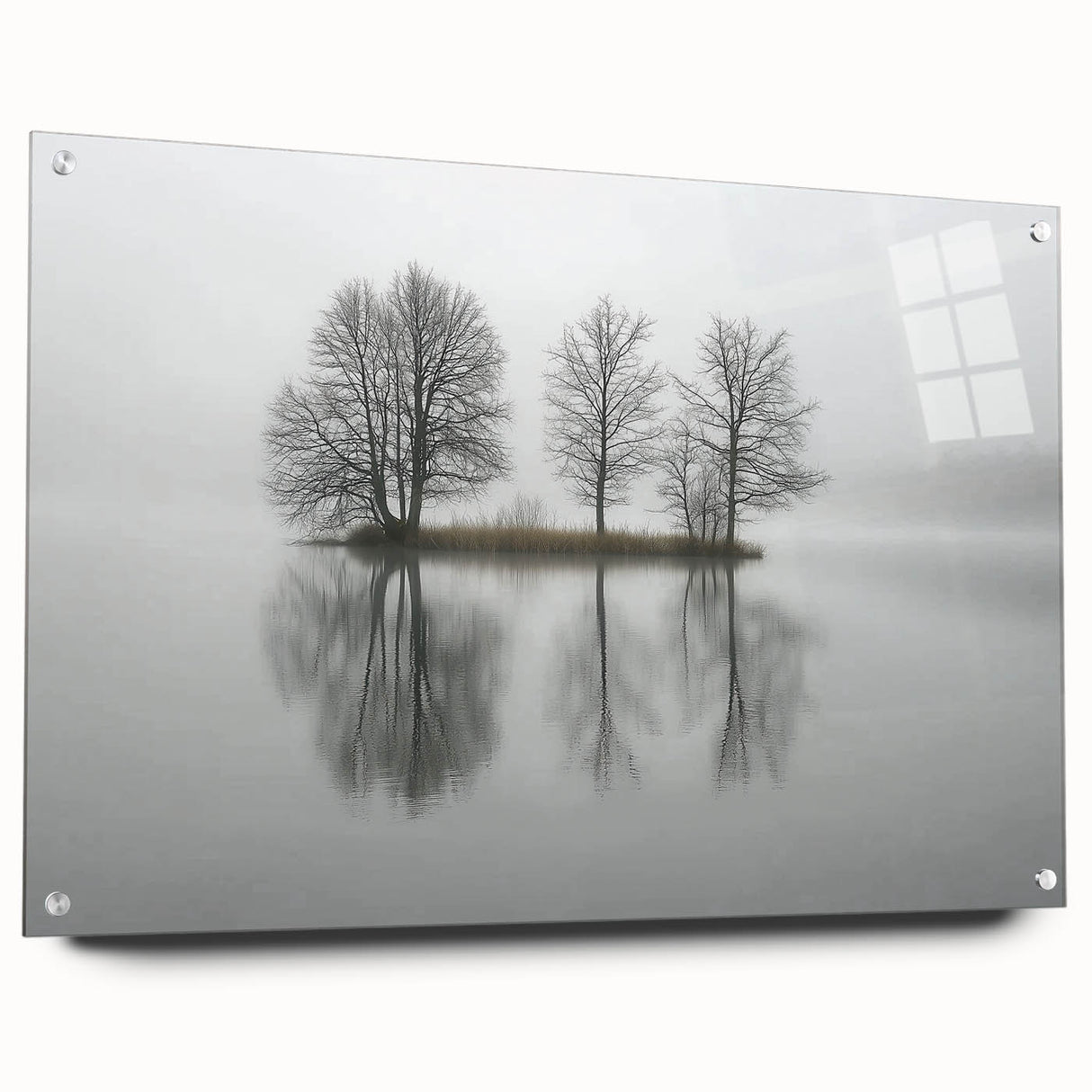 Abstract landscape design printed on acrylic glass, showcasing vibrant colors and intricate details, presented in a side view with mounting pins for easy installation.