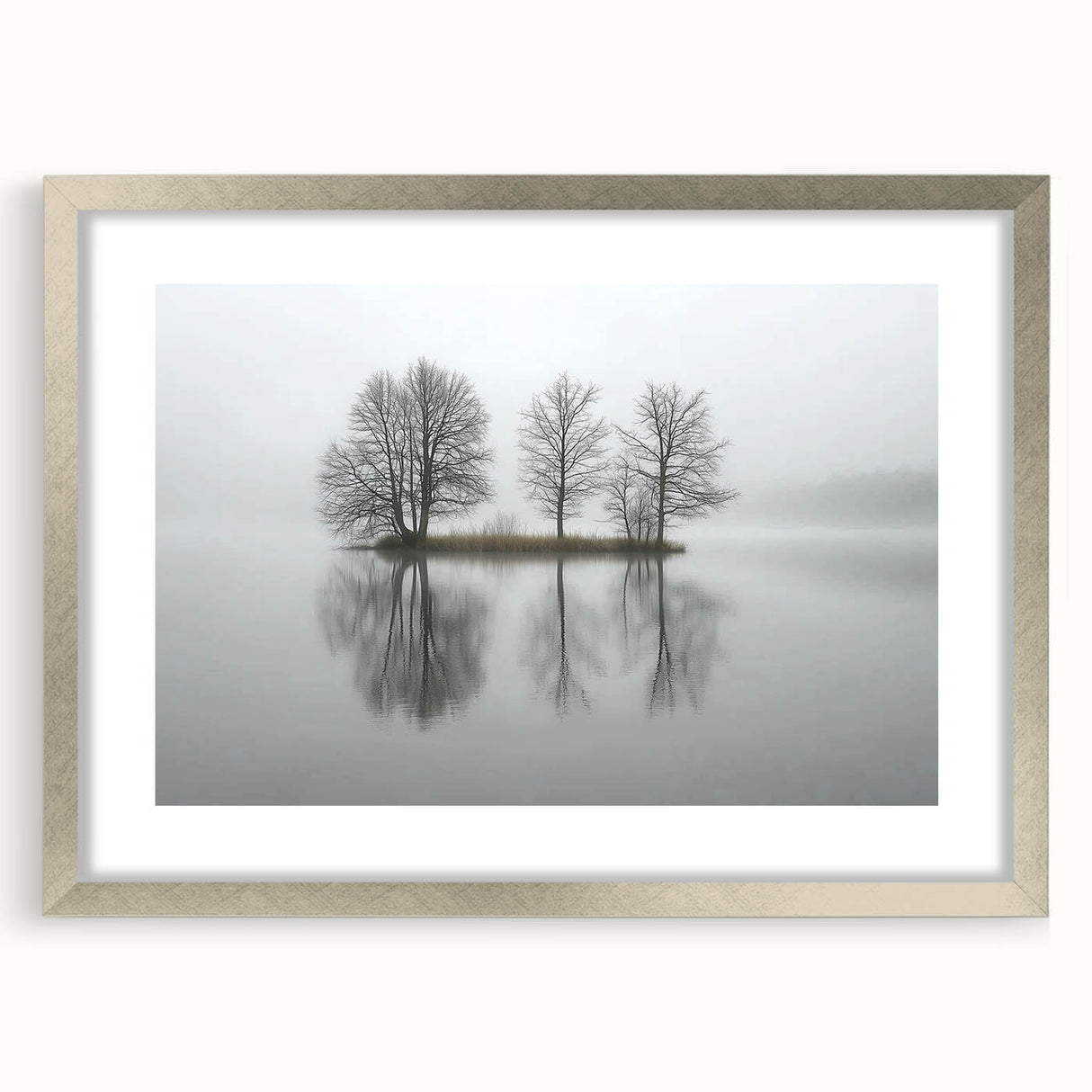 Abstract landscape art print framed in silver, showcasing a modern design with a mat. The artwork features soft hues of blue and green, ideal for contemporary decor.
