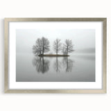 Abstract landscape art print framed in silver, showcasing a modern design with a mat. The artwork features soft hues of blue and green, ideal for contemporary decor.