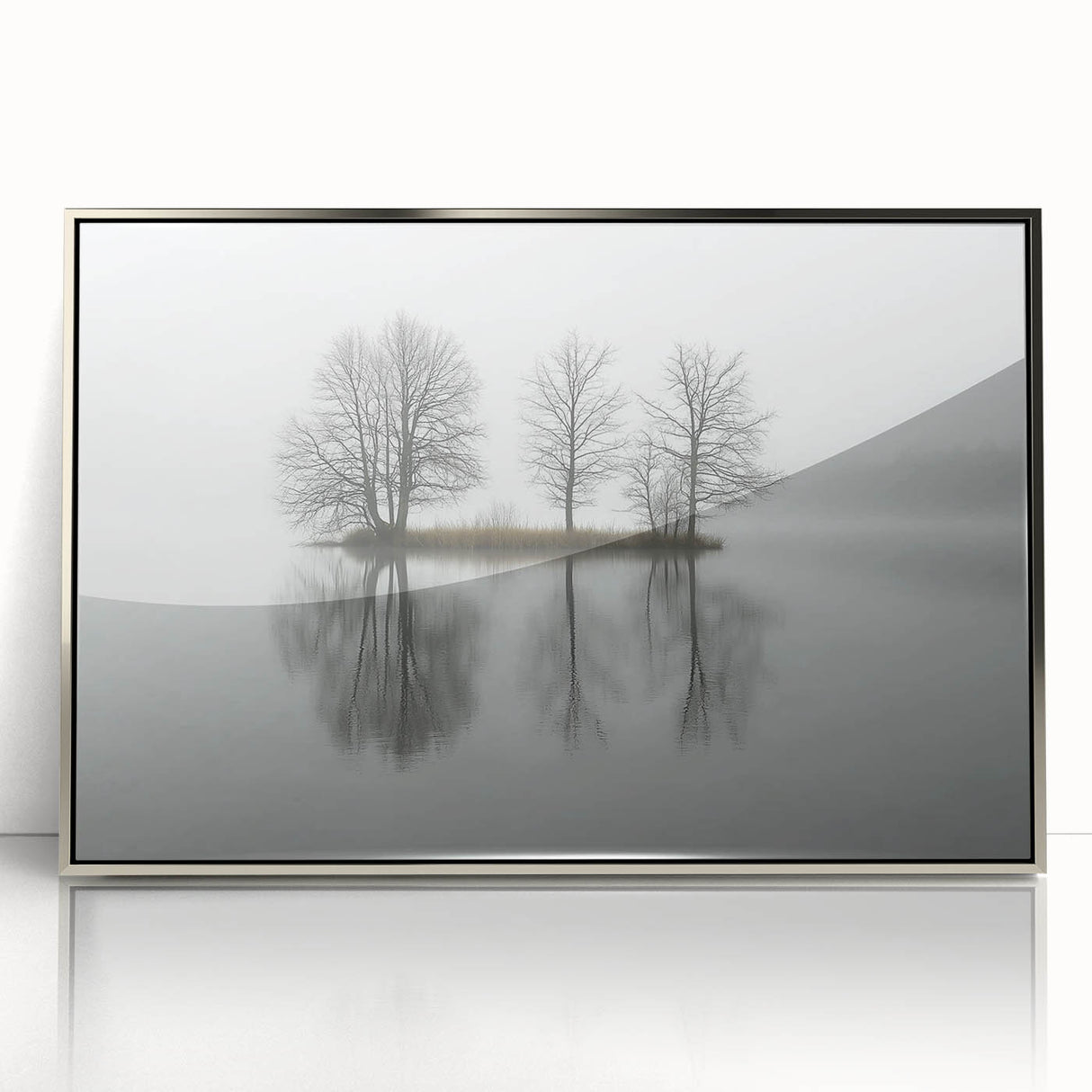 Framed acrylic artwork showcasing a modern abstract landscape in silver tones, ideal for contemporary decor. Perfect for enhancing living spaces with elegance.