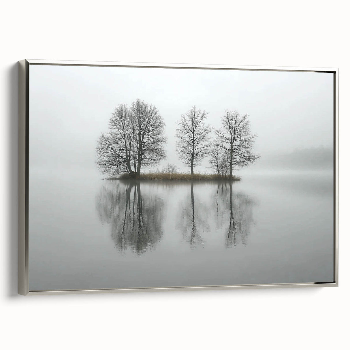 Framed silver canvas artwork showcasing an abstract landscape design with soft hues of blue, green, and gold, elegantly displayed from a side view for modern home decor.