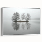 Abstract landscape framed canvas artwork showcasing a muted color palette of blues, greens, and whites, presented in a sleek white frame, ideal for modern home decor.
