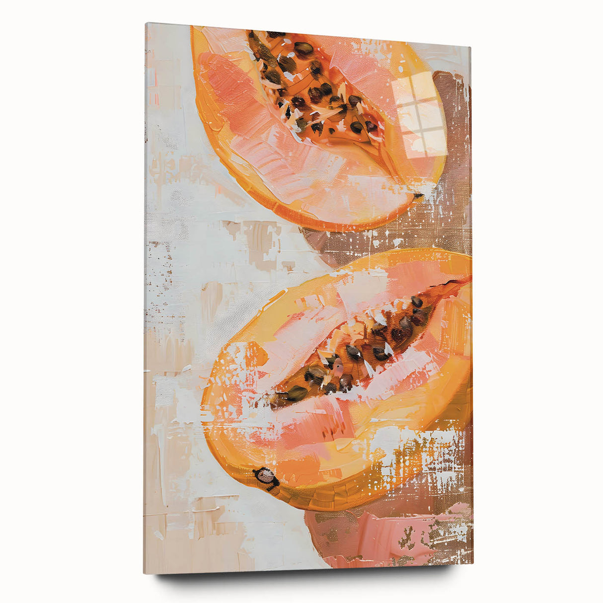 Large abstract wall art featuring assorted fruits in vibrant colors on acrylic glass, ideal for bedroom or dining room decor.