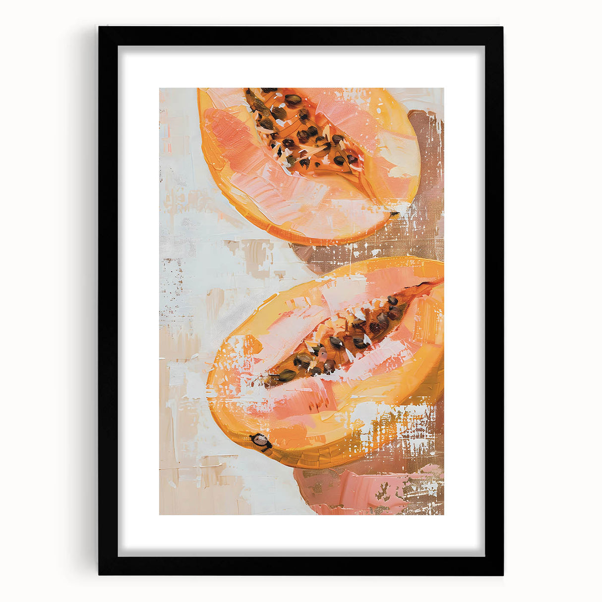 Extra large abstract art print featuring colorful, textured fruits on canvas, framed in black, ideal for living room decor.