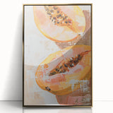 Large acrylic print of assorted fruits in a mid-century modernist style, framed in gold, suitable for nursery wall art.