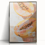Mid-century modernist acrylic print of colorful fruits, framed in silver, suitable for modern nursery decor.