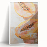Acrylic print of colorful fruits in art deco style, framed in white, suitable for modern nursery wall decor.