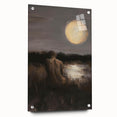 Abstract figurative acrylic art piece displayed on glass, showcasing vibrant colors and intricate details, with decorative pins enhancing its modern aesthetic.