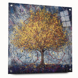 Abstract floral design on acrylic glass with vibrant colors, displayed in a side view, showcasing elegant pins for easy hanging. Perfect for modern home decor.
