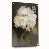 Abstract floral art piece displayed in a side view, featuring vibrant colors and intricate patterns, mounted with pins on a clear acrylic glass background, ideal for modern decor.