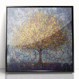 Framed acrylic artwork showcasing a vibrant abstract floral design with bold colors on a black background, ideal for modern home decor and artistic interiors.