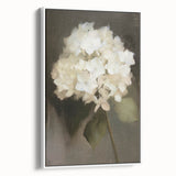 Framed canvas artwork showcasing an abstract floral design in vibrant colors, viewed from the side, emphasizing its elegant white frame and modern aesthetic. Perfect for enhancing contemporary home decor.