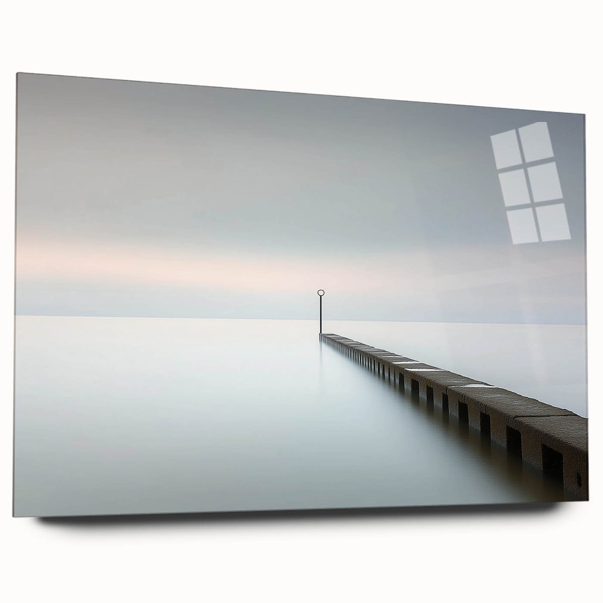 Abstract landscape artwork displayed through acrylic glass, showcasing vibrant colors and fluid lines, ideal for modern home decor. The side view highlights its sleek design without visible pins, enhancing its contemporary appeal.