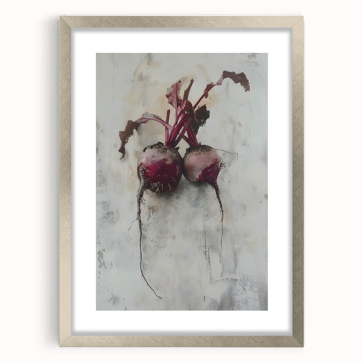 Textured abstract art print featuring an array of fruits in muted earth tones, presented in a silver frame with mat.
