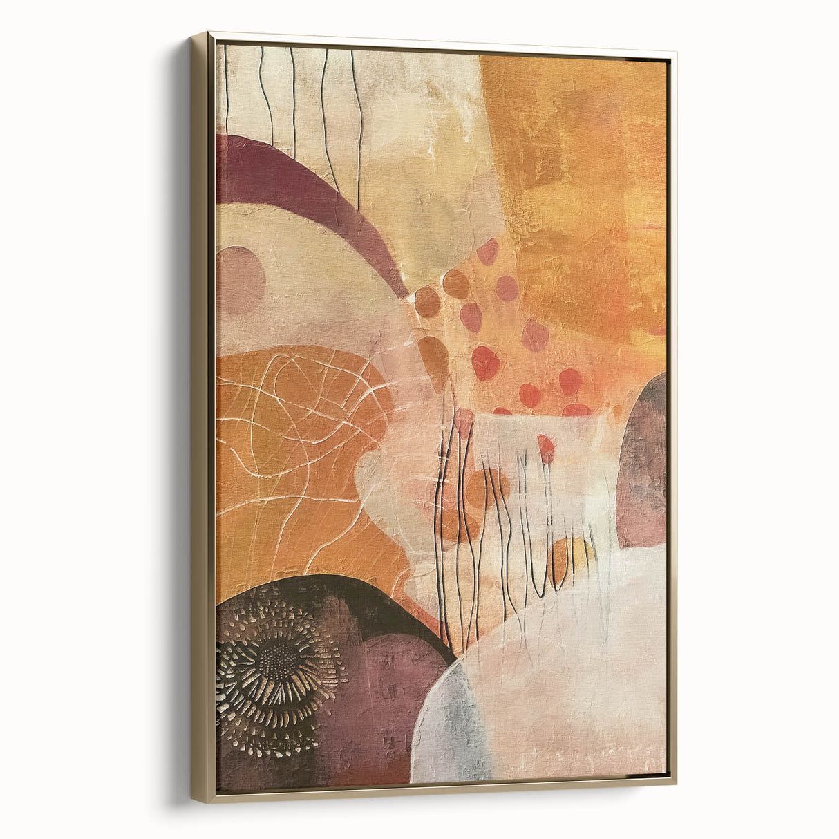 Vintage poster art of a fall landscape in muted orange and brown tones, framed canvas, ideal for bedroom wall decor.