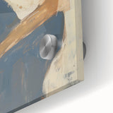 Abstract figurative acrylic artwork displayed on glass, showcasing vibrant colors and intricate textures, ideal for modern home decor or artistic exhibitions.