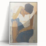 Abstract figurative framed artwork featuring bold colors and dynamic shapes, displayed in a sleek white frame, perfect for modern home decor or office settings.