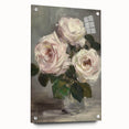 Abstract floral design on acrylic glass, showcasing vibrant colors and intricate patterns, displayed at a side angle with visible mounting pins for easy installation. Ideal for modern home decor accents.
