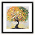 Black-framed abstract floral artwork featuring vibrant colors and intricate designs, ideal for modern home decor, displayed against a simple background.