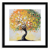 Black-framed abstract floral artwork featuring vibrant colors and intricate designs, ideal for modern home decor, displayed against a simple background.