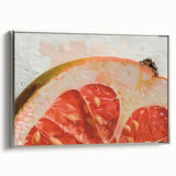 Framed canvas of vintage poster art featuring colorful fruits on a black background, ideal for kitchen wall decor.