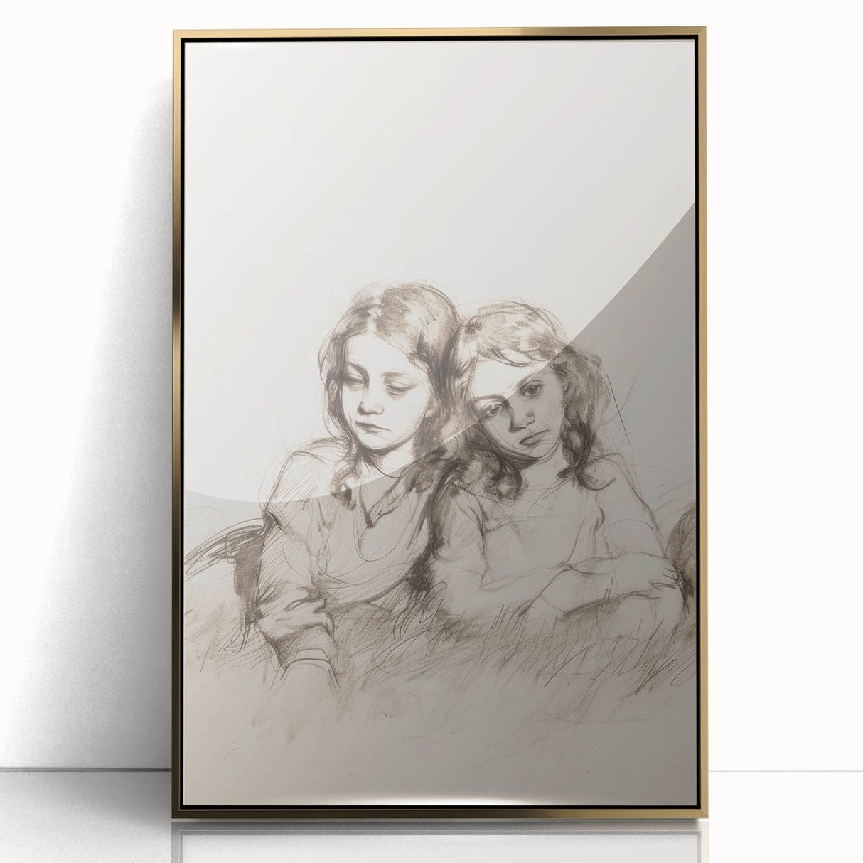 Framed abstract figurative art piece featuring a gold-accented design, showcasing vibrant colors and dynamic shapes, perfect for modern home decor.