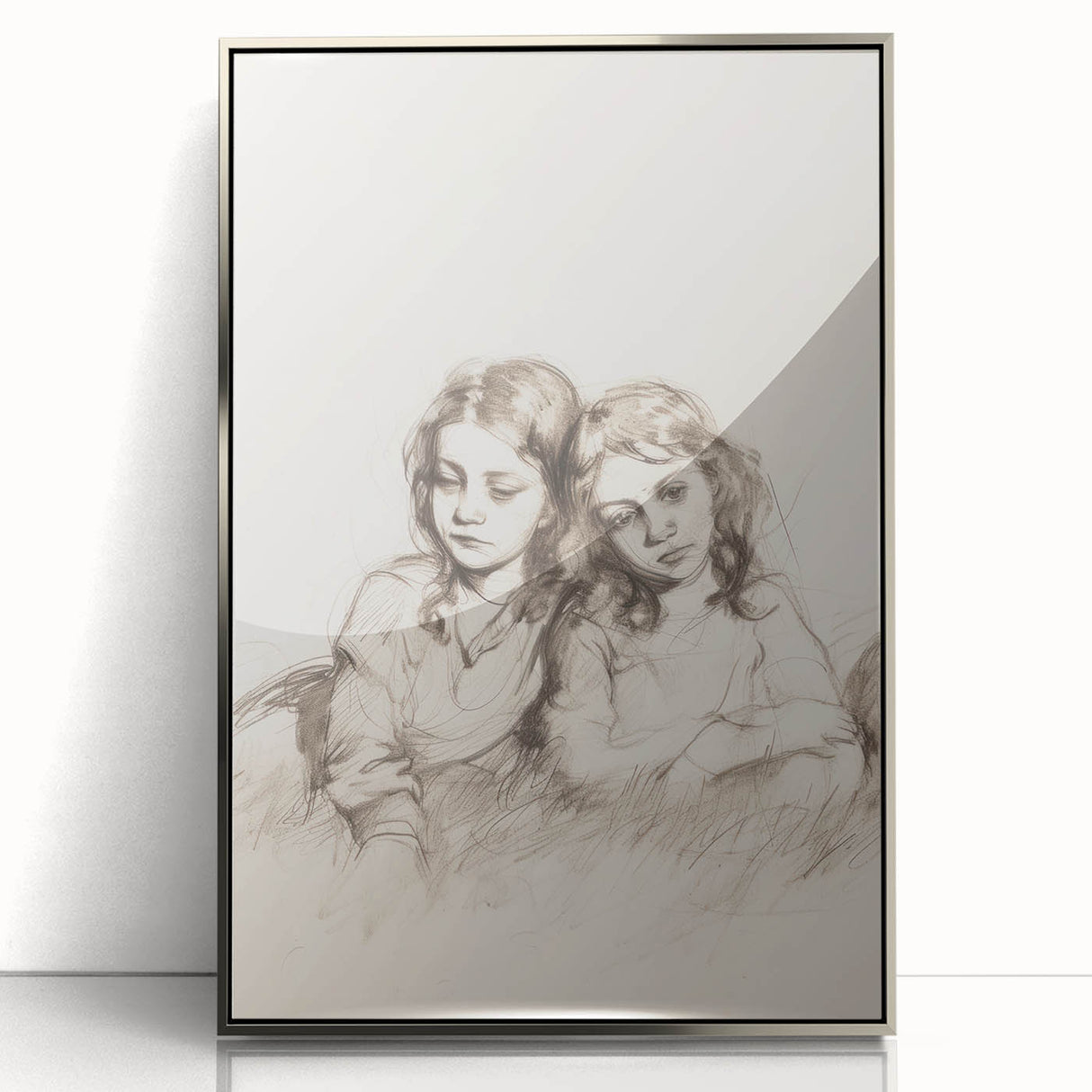 Framed abstract figurative artwork in silver acrylic showcasing dynamic shapes and fluid lines, perfect for modern interior decor and artistic expression.