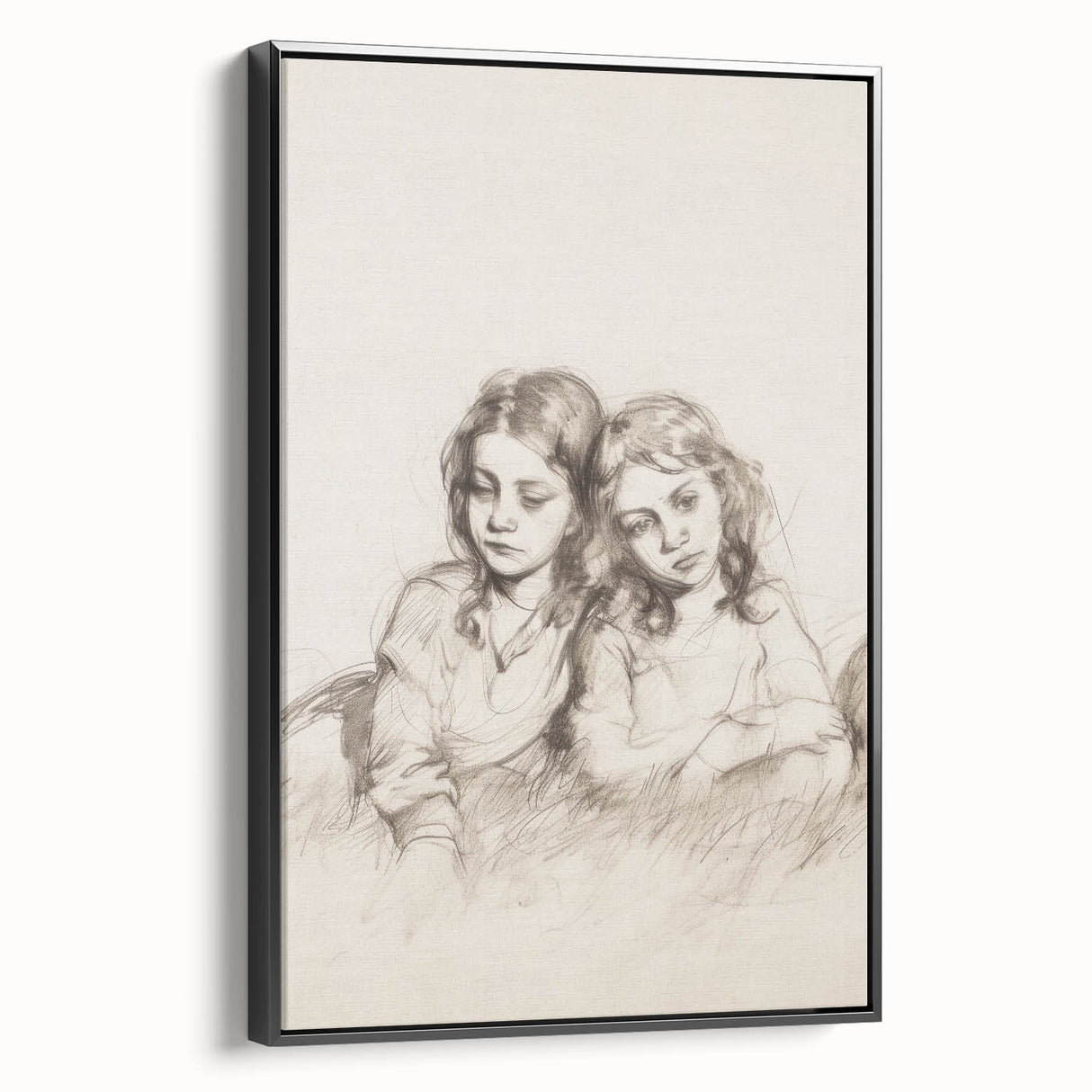 Abstract figurative framed canvas artwork in black, showcasing a modern design with dynamic shapes and textures, ideal for contemporary home decor.