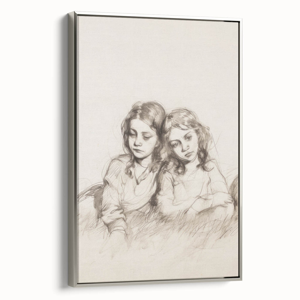 Framed abstract figurative canvas art in silver frame, showcasing a modern design with fluid shapes and soft colors, perfect for contemporary home decor.