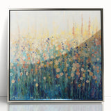 Framed acrylic artwork showcasing abstract floral designs in vibrant colors, elegantly presented with a silver frame, perfect for modern home decor.