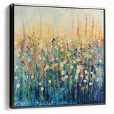 Framed canvas artwork showcasing vibrant abstract floral patterns in shades of pink, blue, and green, presented in a sleek black frame, ideal for modern decor.