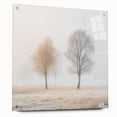 Abstract landscape artwork printed on acrylic glass, showcasing vibrant colors and intricate details, displayed in a modern setting with silver pins on a wall.