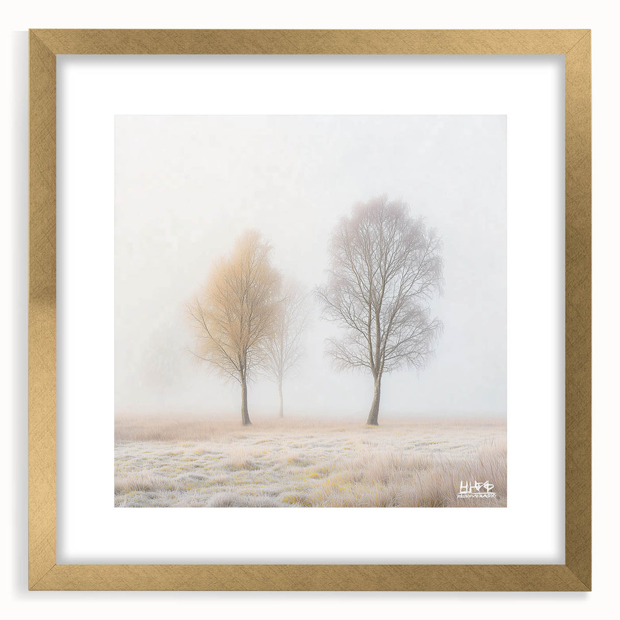 Abstract landscape artwork framed with a gold mat, showcasing a serene view of rolling hills and a vibrant sky. Perfect for modern home decor or art lovers.