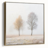 Framed abstract landscape canvas artwork in silver and gold tones, showcasing a serene mountain scene with a modern aesthetic, perfect for contemporary home decor.